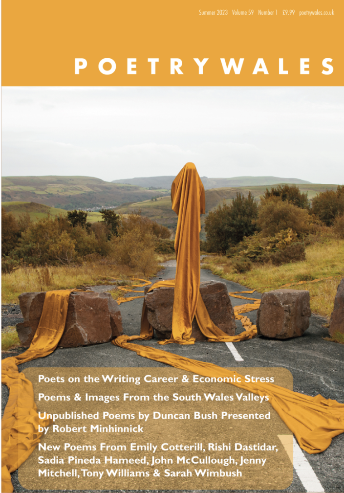 A mustard yellow issue of Poetry Wales features a ghostly draped yellow figure set against the backdrop of a road in the Rhondda Valley. 