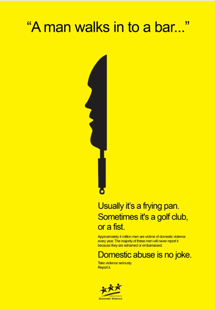 ID: The black silhouette of a frying pan with a man's face against a yellow background. TEXT: "A man walks into a bar.." Usually it's a frying pan. Sometimes it's a golf club or a fist. Domestic abuse is no joke. 